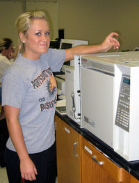 Blonde student with GCMS machine