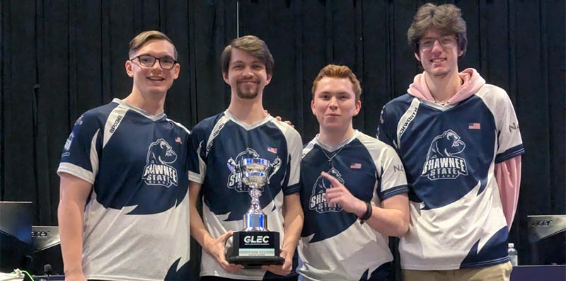 Shawnee State University's Rocket League team with Great Lakes Esports Conference (GLEC) trophy