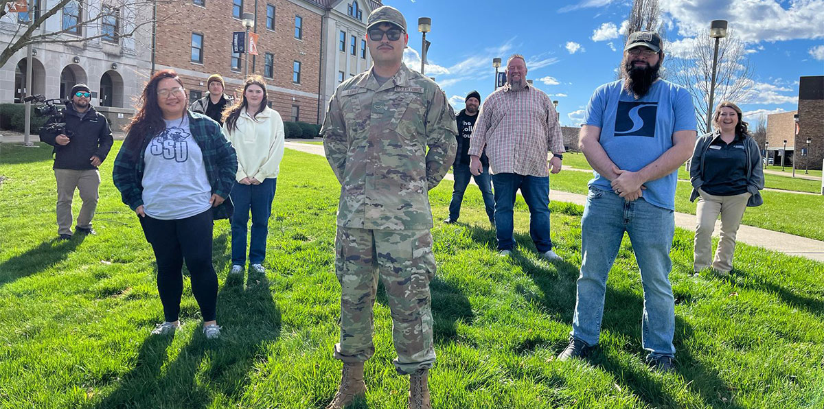 David Lopez on campus with film crew