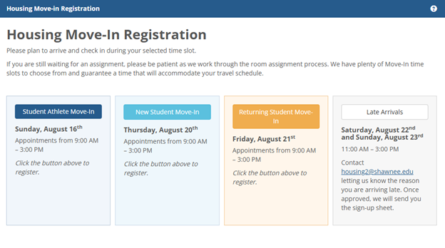 MySSU Move-In Time Slots