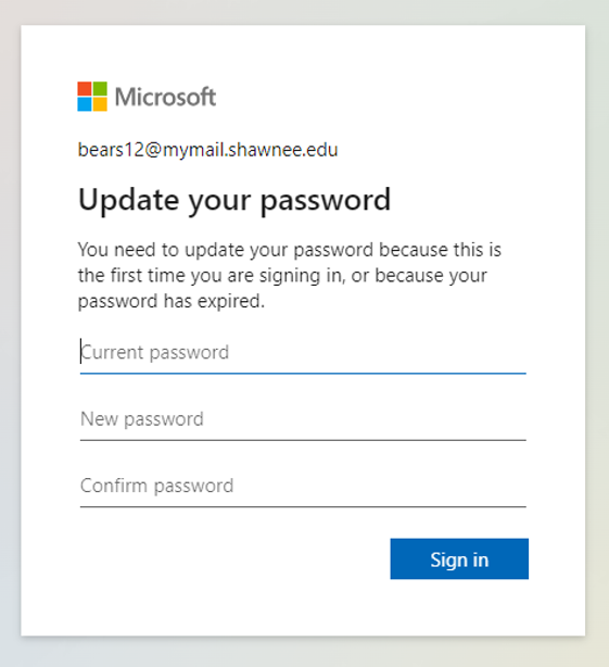 MyMail Update Password User Interface Screenshot