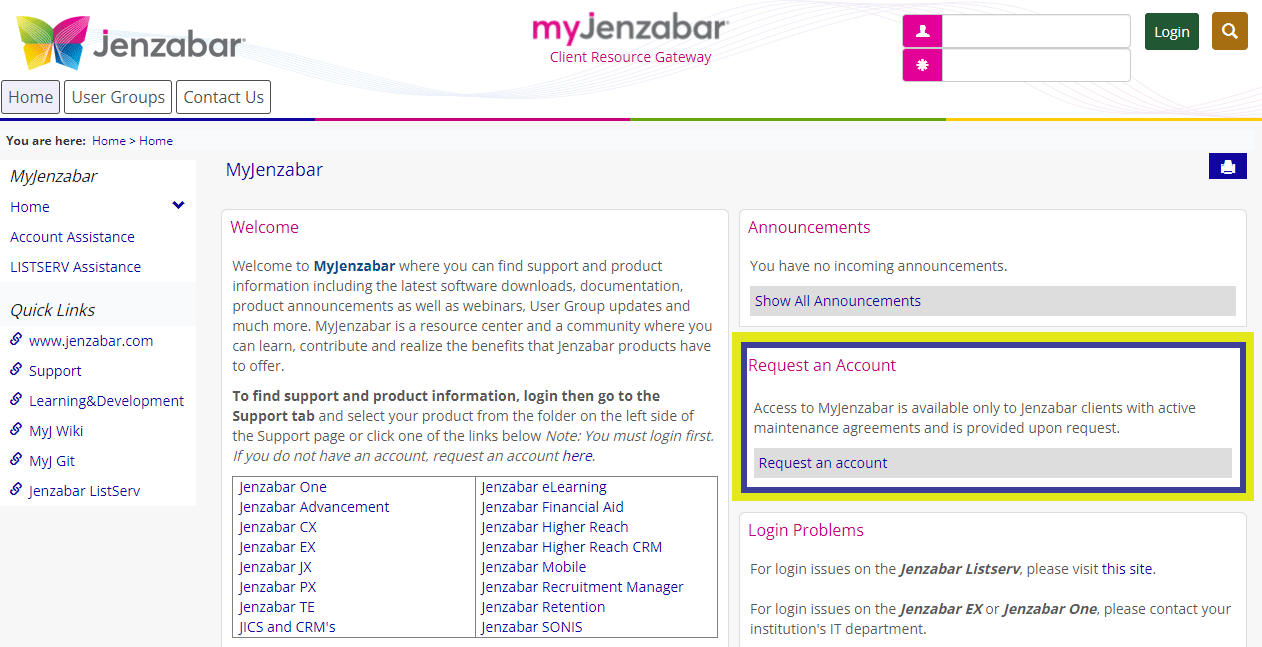 MyJenzabar.net request account screenshot