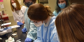 Students in Med Lab testing samples