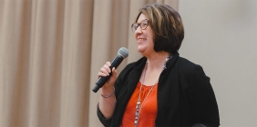 Elizabeth Kline speaking at an event on campus