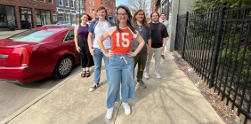 Riley Galloway with group of students in Portsmouth